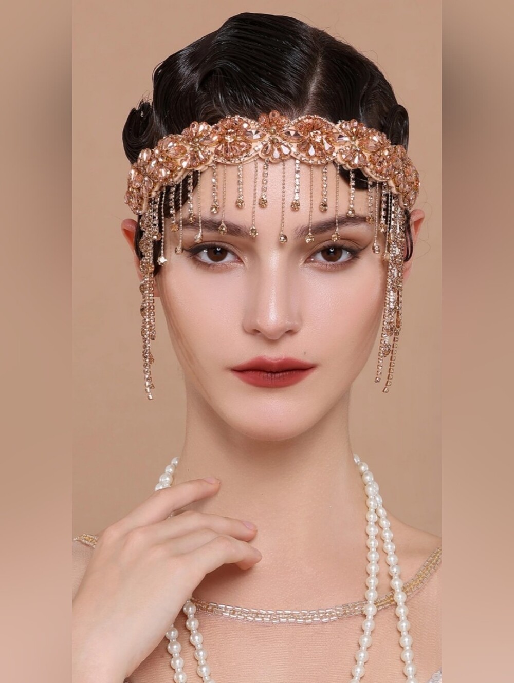 Babeyond Embellished Crystal Rhinestone Chain Headband In Rosegold 1920s Glamour